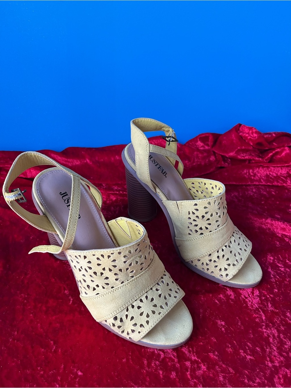 JustFab Yellow Laser-Cut Block Heel Sandals